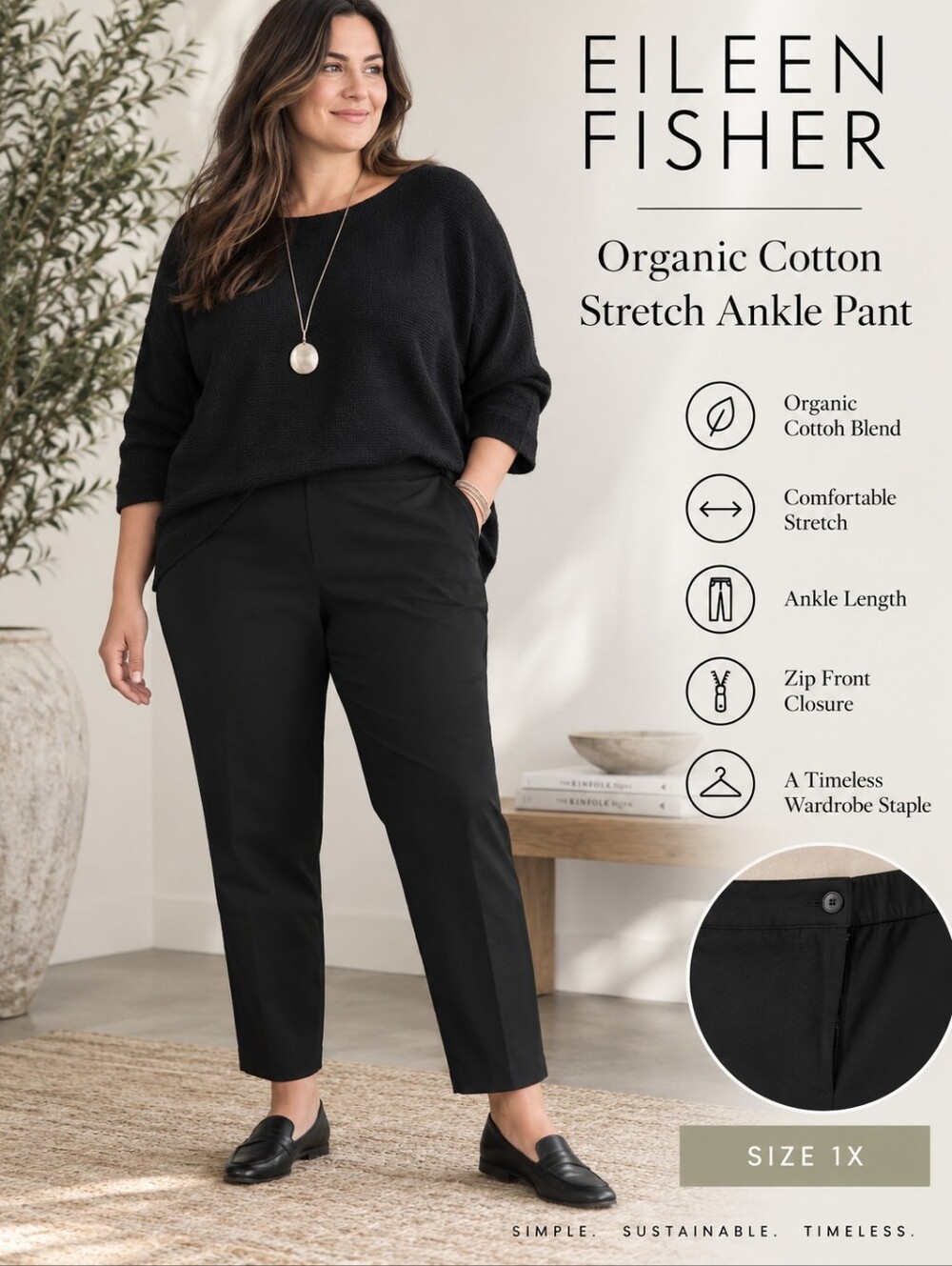 Eileen Fisher 1X Black Organic Cotton Stretch Ankle Pants Side Zip